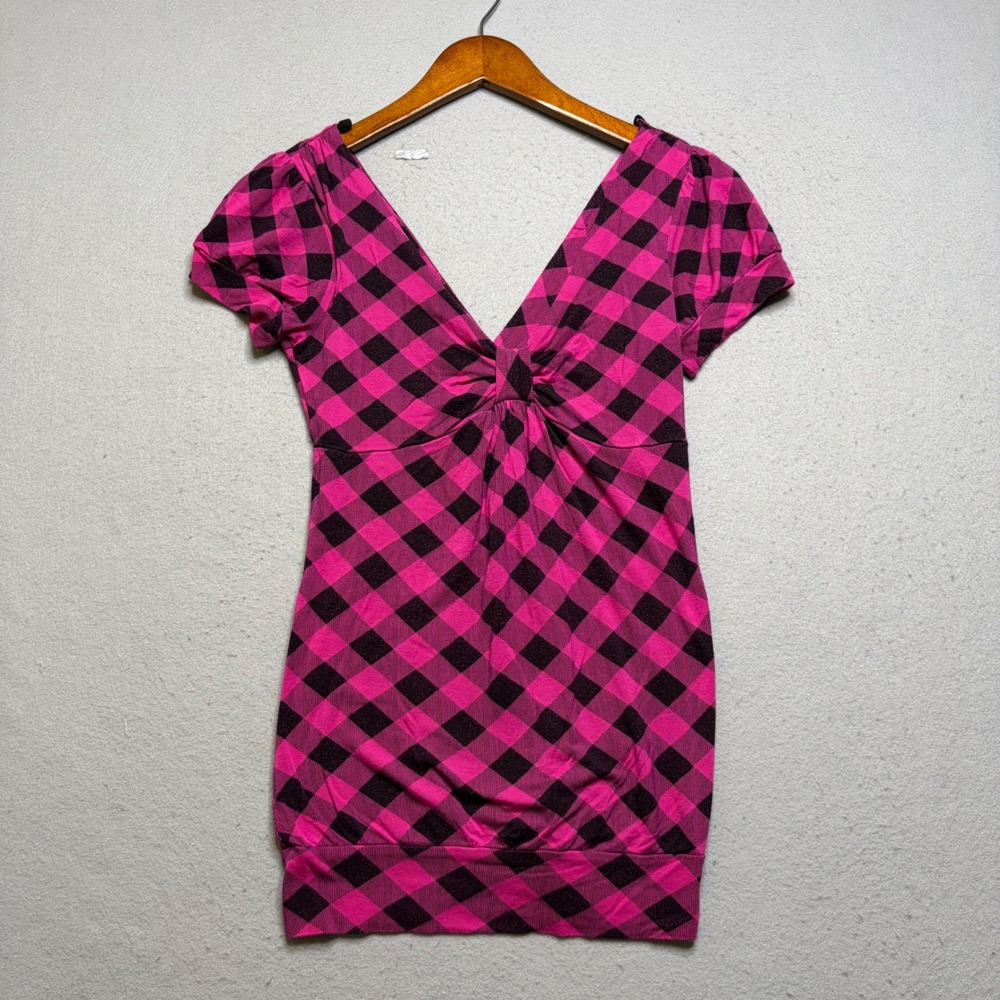 Janette Tunic Top Womens Small Pink Black Buffalo Plaid Y2K V-Neck Knotted Waist